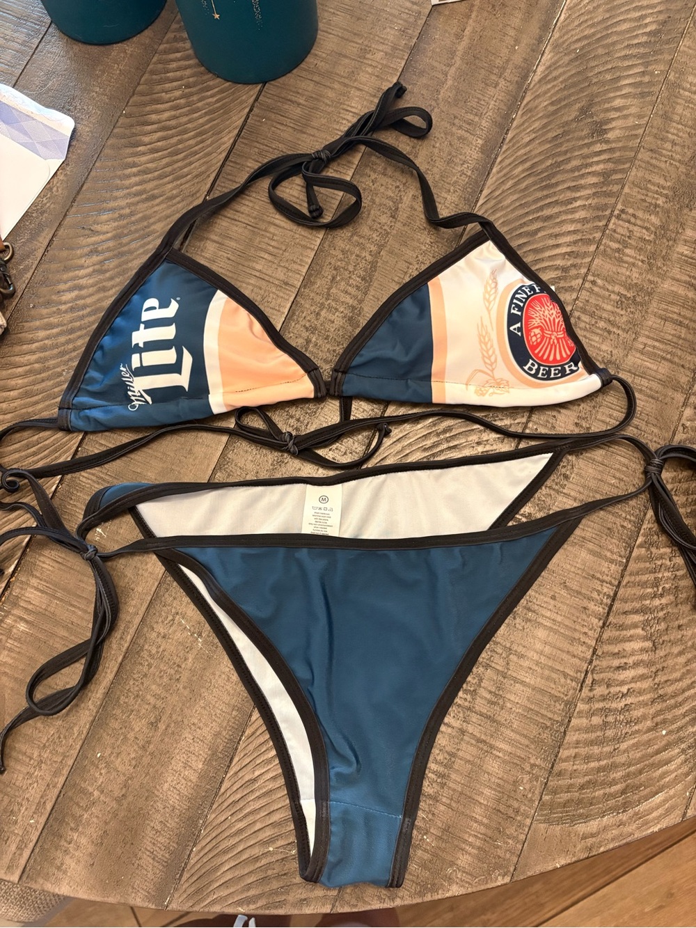 Miller lite Triangle Tie Bikini Set in Navy and white